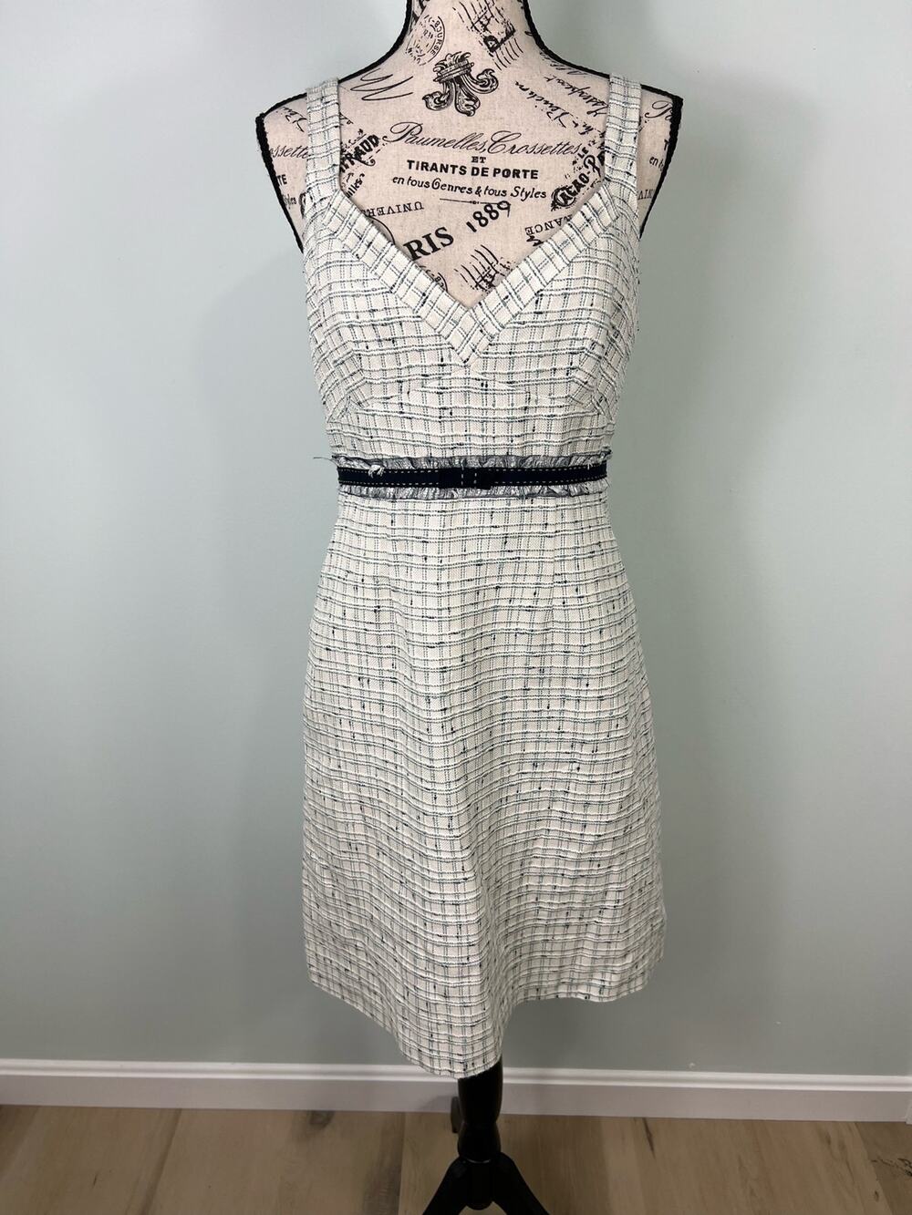Rebecca Taylor White and Blue Tweed sleeveless knee length Dress with pockets